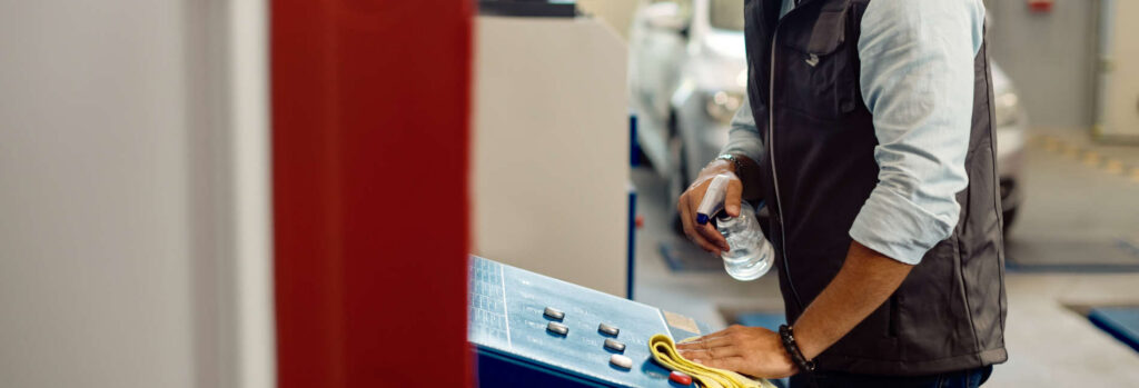 Machine operator performing routine cleaning and maintenance of an industrial control panel.